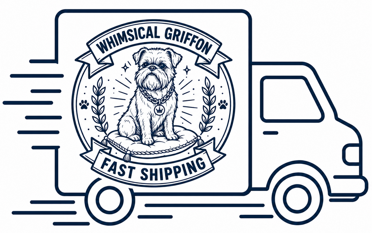 Logo of Whimsical Griffon with a dog illustration and 'Fast Shipping' text on a white background.